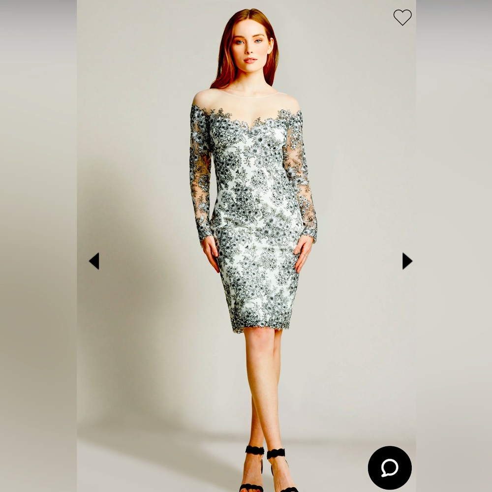Tadashi Shoji Yuki Embroidered illusion Black  White long sleeve cocktail dress